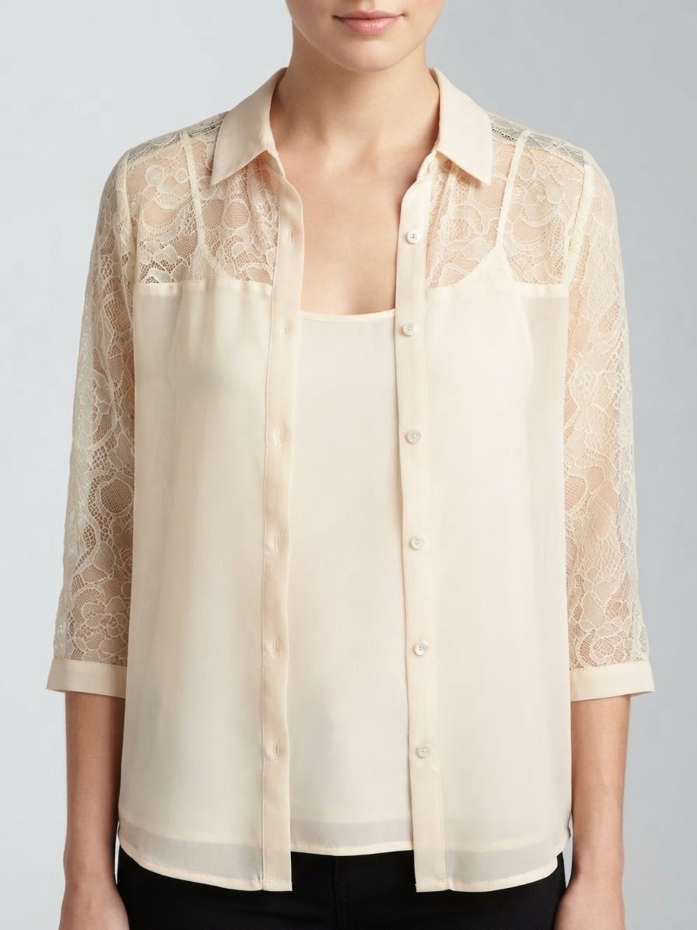 Forever 21 Cream Sheer Lace Back Button Down Top Blouse M